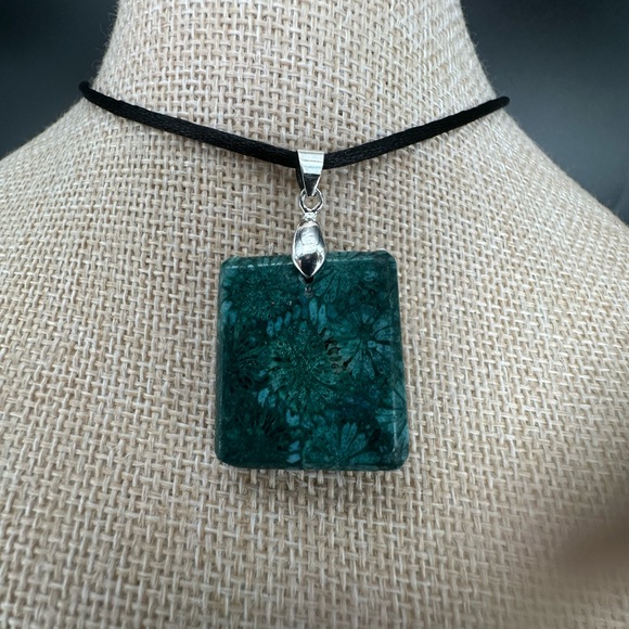 Green Coral Fossil Square Pendant on Black Satin Rope Cord - Picture 8 of 14